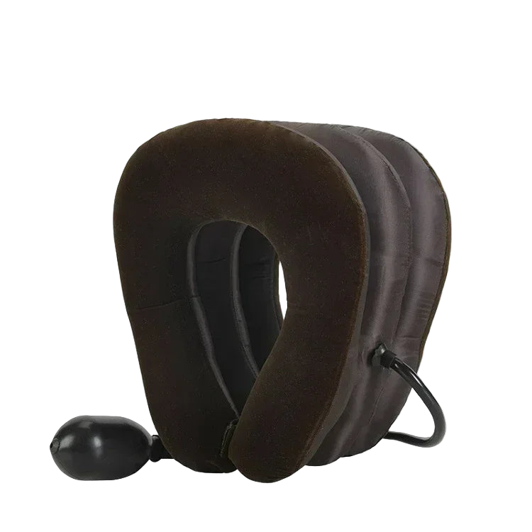 Brown neck pillow with a single tube and half velvet texture on a white background
